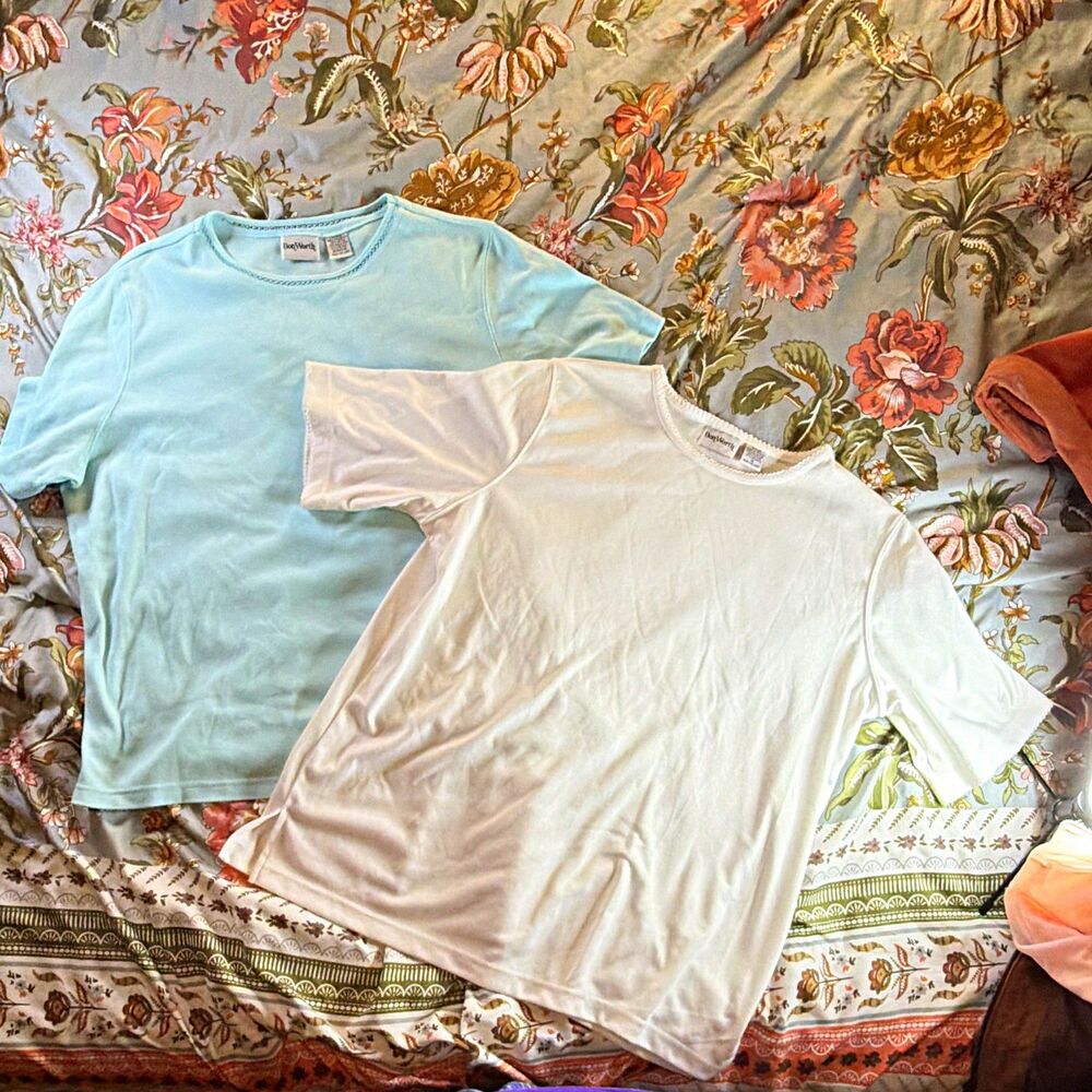 Vtg 90’s BonWorth Solid Knit Lace Accent Crew Neck Short Sleeve T-Shirt Lot 2 M